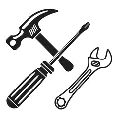 Set of black silhouettes of tools including hammer screwdriver and wrench
