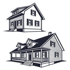 Two stylized black and white houses representing different architectural styles