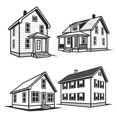 Collection of four black and white illustrations of traditional houses