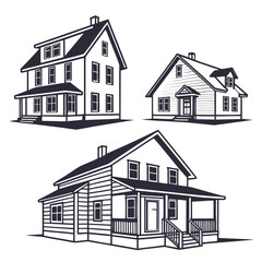 Collection of three stylized house illustrations in black and white