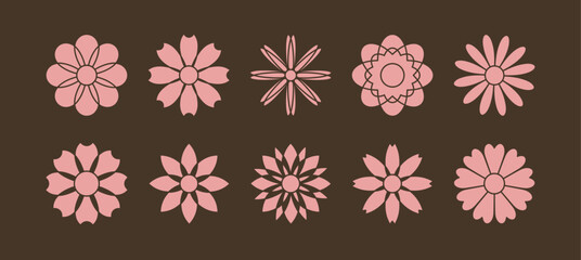 set of black line daisies from geometric figures, collection of abstract silhouettes of flowers flowers icons isolated on white	