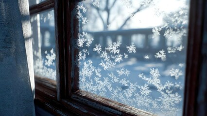 Intricate frost crystals on a window pane with a snowy, blurred winter scene beyond. Concept Frost crystals, Frosted window, Snowy blur, Winter morning light, Cold glass textures