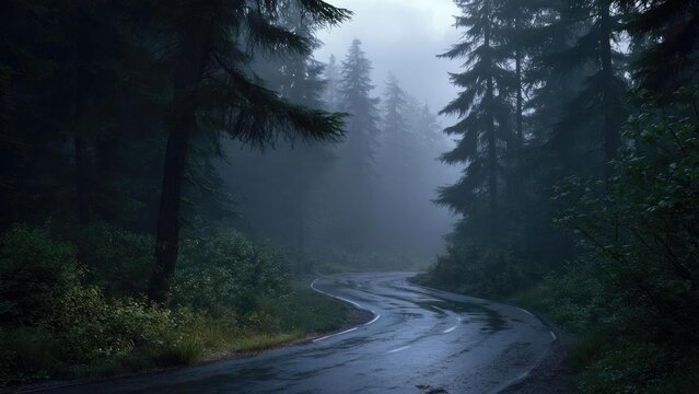 A wet, winding road through a dense, foggy pine forest with tall trees fading into the mist. Concept Moody Forest, Misty Road, Foggy Pines, Rainy Atmosphere, Tall Trees in Mist