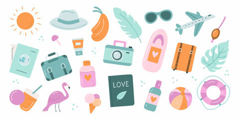 Collection of cute travel and vacation essentials with a summer theme
