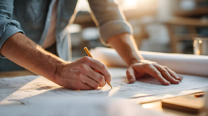 Obraz premium a man sketching construction blueprint