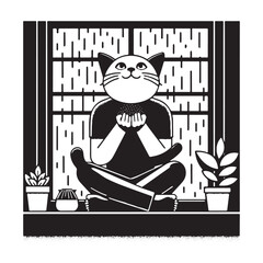 Meditating cat in zen pose with plants and window.