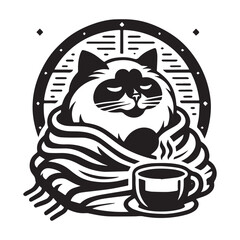 Cozy Cat Enjoying Coffee Wrapped in a Blanket.