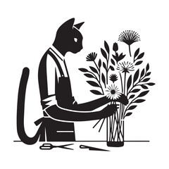 Cat Florist Arranging Flowers in Vase with Scissors and Knife.