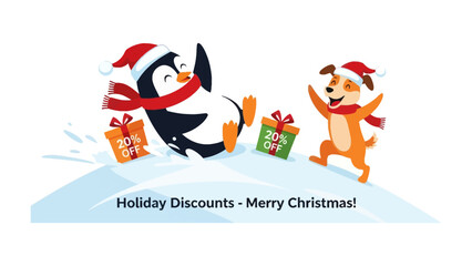 Festive Cheer: A playful cartoon depicts a joyful penguin and a delighted puppy, both adorned in holiday attire, celebrating a winter discount amidst gift boxes.