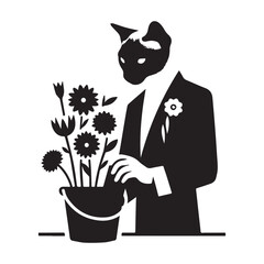 Cat in a Suit Arranging Flowers in a Bucket.