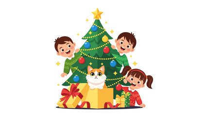 Christmas Joy: A vibrant illustration of children and a cat gathering around a beautifully adorned Christmas tree, surrounded by wrapped gifts, evoking warmth and festive cheer.