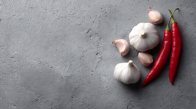 Close-up of garlic cloves and red chili peppers on stone surface - Powered by Adobe