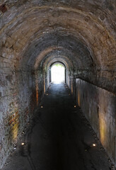 Obraz premium Dark Brick Arched Tunnel Entrance with Light at End and Floor Spotlights