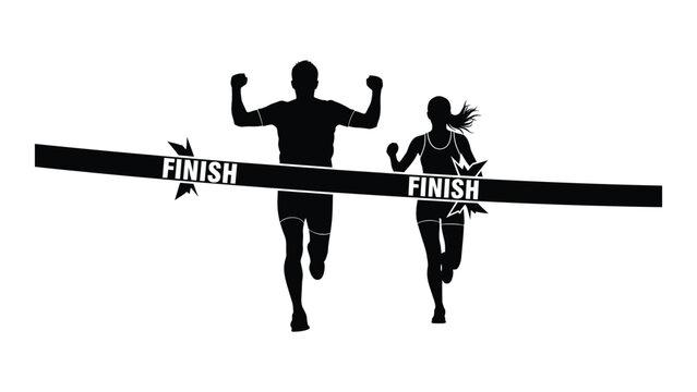 Runners crossing finish line silhouette isolated on white background, Vector