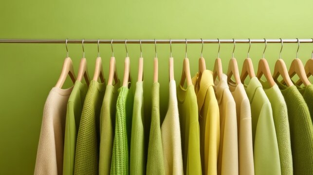 A stylish rack holds a variety of female clothes in shades of green and yellow, set against a fresh green wall. The display showcases a blend of textures and styles, creating a vibrant atmosphere