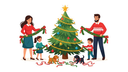 Family's Holiday Tradition: A family decorates their Christmas tree with ornaments, lights, and garland, creating a joyful holiday atmosphere. Capturing family bonds and celebration