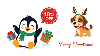 Festive Cheer: A cheerful penguin and puppy, adorned with holiday accessories, and a vibrant 10% OFF offer, embodying the season's joy and festive cheer.