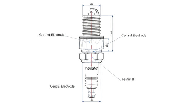 Technical blueprint illustration of an internal combustion engine spark plug design