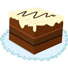 Square layered chocolate cake with white frosting and dark chocolate drizzle on a blue decorative doily