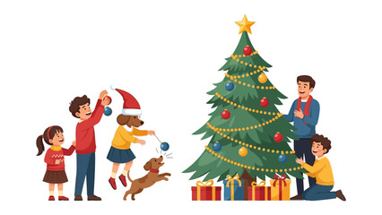 Family Fun in Christmas Preparations: A heartwarming scene unfolds as a family, including a dog, joyfully decorates a Christmas tree, creating lasting memories.