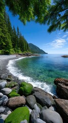 Vibrant Coastal Forest Meets Ocean Shoreline With Lush Greenery and Crashing Waves Under Clear Blue Sky