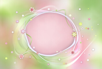 Pink round sheet framework template on light green- pink pastel colors background with  tiny flowers and wavy line decorations .Birthday ,Mother's day greeting, invitation , presentation concept. 