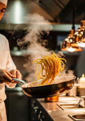 Professional chef skillfully tosses steaming pasta in a busy kitchen, demonstrating culinary expertise and the dynamic art of gourmet food preparation