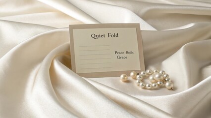 Elegant card on soft silk fabric with a message about peace and grace accompanied by a string of pearls in a serene setting