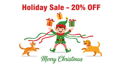 Festive Holiday Sale: A cheerful Christmas elf, surrounded by holiday gifts and playful pets, embodies the spirit of the season, heralding an irresistible holiday sale.