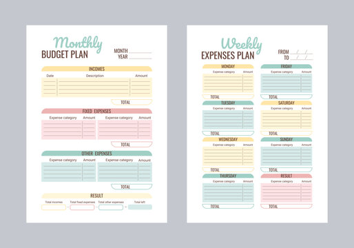 Monthly weekly budget planner template for financial plan vector