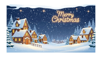 Winter Wonderland Christmas: A cozy Christmas village nestled amidst a snowy landscape, illuminated by twinkling stars and the warm glow of festive lights, creating a scene of holiday cheer.
