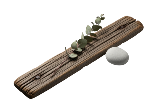 Weathered wooden plank with intricate grain, oxidized metal, dried eucalyptus sprig, and smooth river stone, artfully arranged on transparent, high-key studio light, minimalist still life concept.