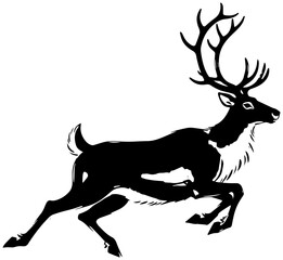 Majestic reindeer leaping gracefully across snowy landscape, perfect for winter designs