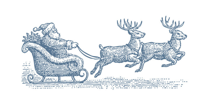 Vintage illustration of Santa Claus in his sleigh pulled by reindeer. Vintage woodcut linocut engraving style vector illustration.