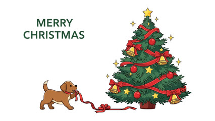 Festive Puppy Unwrapping a Christmas Ribbon: A cheerful puppy playfully interacts with a wrapped gift under a decorated tree, embodying the spirit of joyous holiday celebrations.