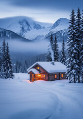 Peaceful Winter Cabin Scene with Smoking Chimney Nestled in a Snowy Forest Landscape at Dusk