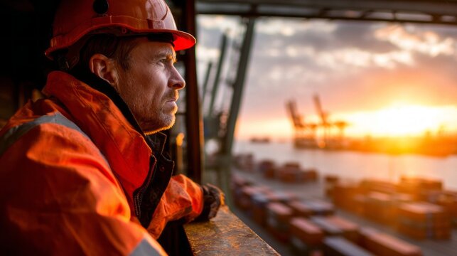 A diligent port worker stands attentively, monitoring container ship activities against a backdrop of glowing sunset and busy docks, ensuring smooth operations and safety