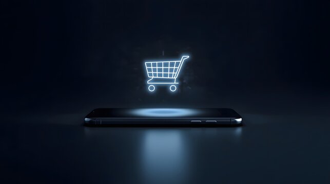 Online shopping holographic cart icon futuristic smartphone scene