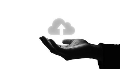 Hand holding cloud upload icon, transparent background