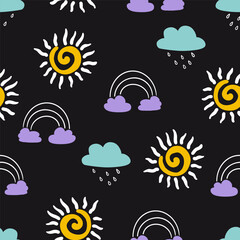 Obraz premium Cute Weather Clouds and Sun Vector Seamless Pattern