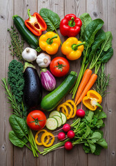 An assortment of fresh, vibrant vegetables arranged artfully on a rustic wooden surface, showcasing a healthy and colorful bounty