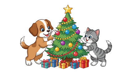Festive Friends Decorating: A playful pup and a cute kitten decorate Christmas tree together, filled with colorful ornaments and wrapped gifts beneath, spreading cheer.