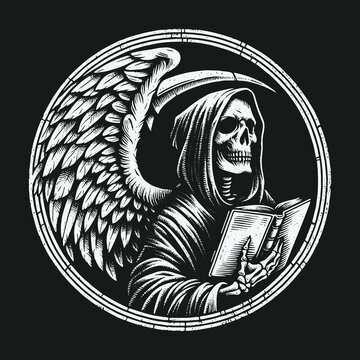 Monochrome illustration of the Grim Reaper with an angel wing reading a book.