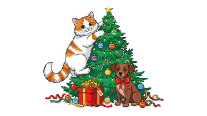 Festive Companions: A charming illustration depicts a playful kitten and a loyal puppy, surrounded by festive decorations, sharing in the joy of the holiday season.