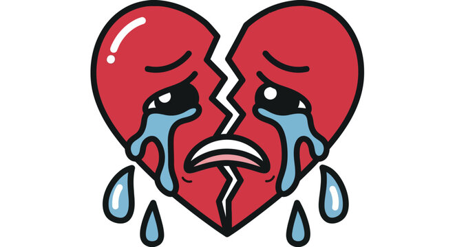 Vector of broken heart symbol with crying face and tears, emotional breakup concept.