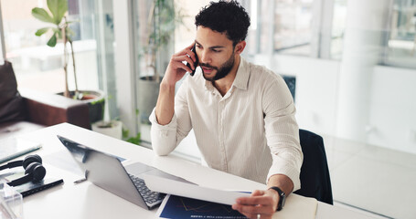 Phone call, business man and document in office for financial negotiation, advice and feedback....