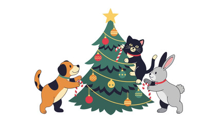 Festive Companions: A heartwarming scene unfolds as a playful puppy, a curious cat, and a fluffy rabbit joyfully decorate a Christmas tree, radiating warmth and the spirit of the season.