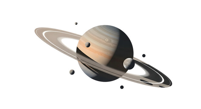 Majestic saturn with its prominent rings and moons against a dark void - Powered by Adobe