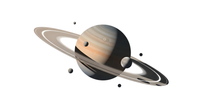 Majestic saturn with its prominent rings and moons against a dark void