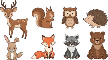 Naklejka premium Cute Woodland Forest Animals Adorable Baby Creatures